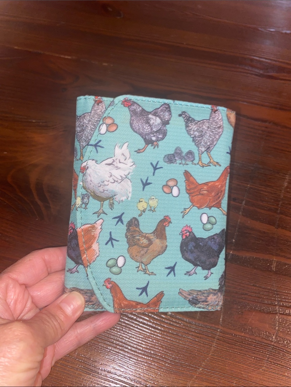 Sipsey Wilder- Chicken Print wallet,  in Aqua, with lots of storage.